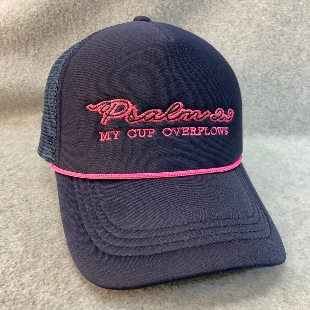 Psalm 23 My Cup Overflows Unisex Navy Trucker Hat Pink Embroidery Snapback OSFM